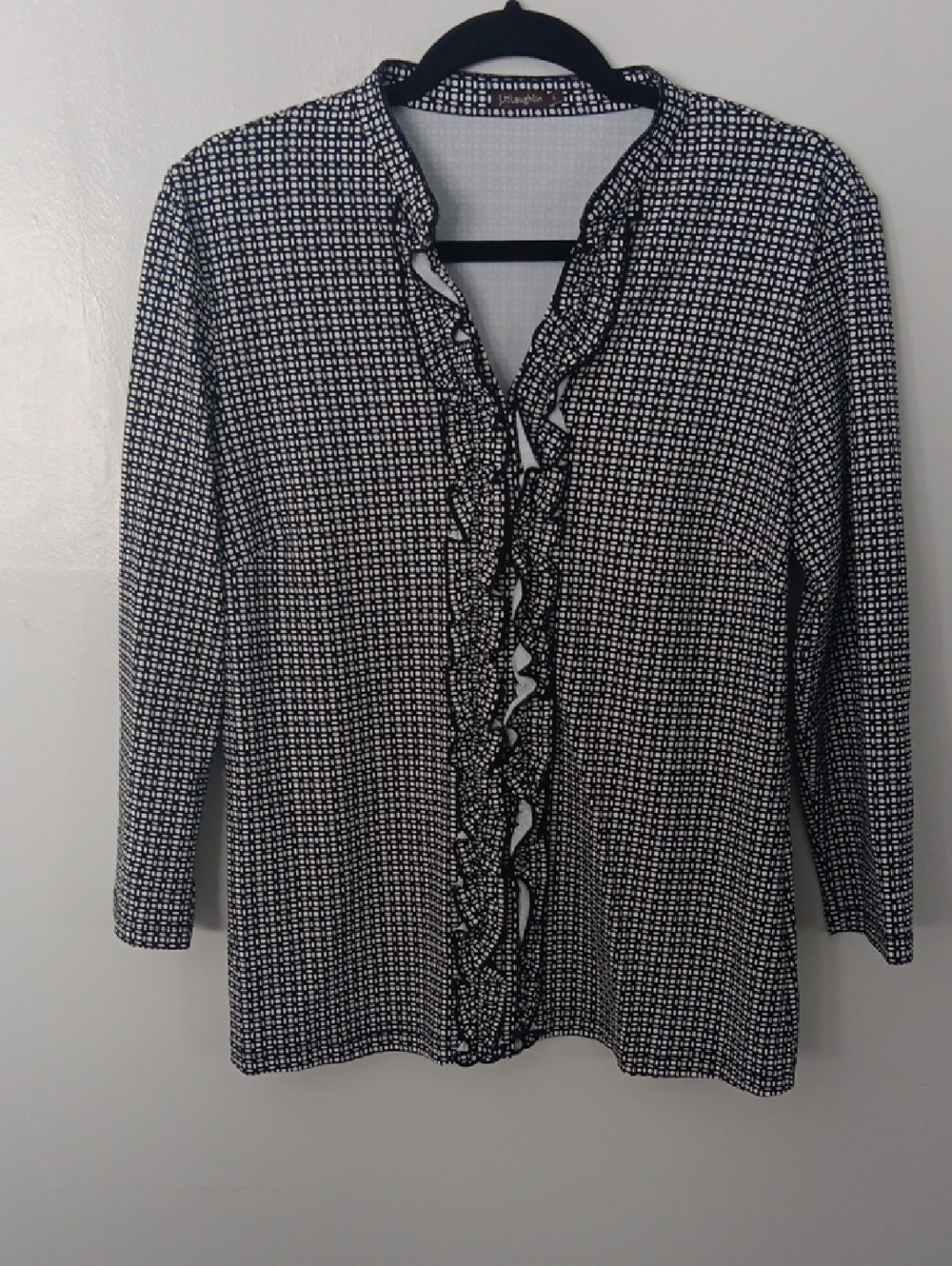 J.McLaughlin Line & Dot Printed Ruffle Button Front Top #3713